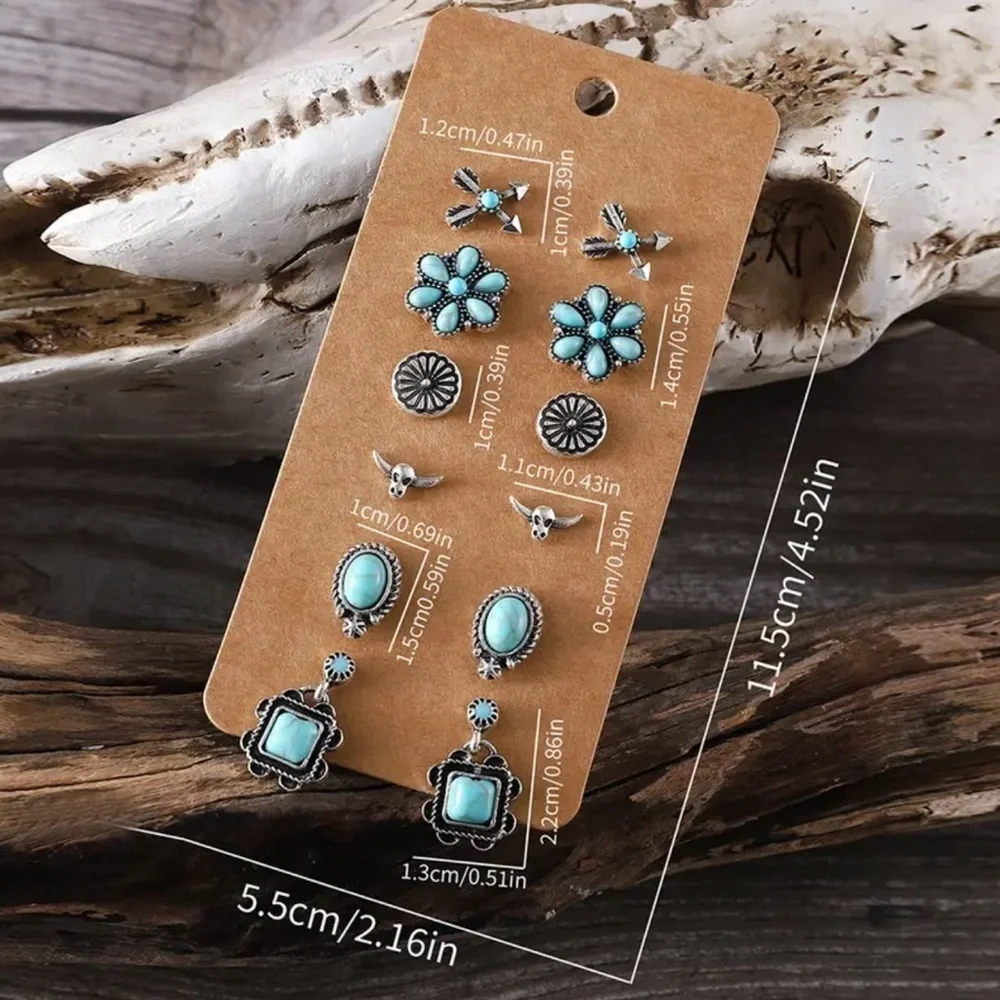 NEW 6 Pairs Vintage Western Turquoise Earrings Set, western aesthetic, jewelry